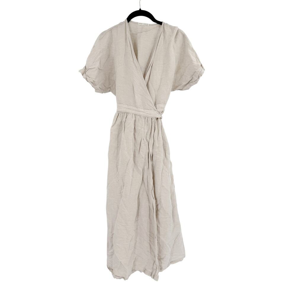 OYSHO Linen Wrap Dress Size S Midi Pockets Cream - Picture 3 of 7